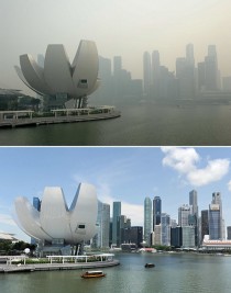 Singapore covered in haze (20 June 2013), compared to a clear day (13 April 2012). © AFP 